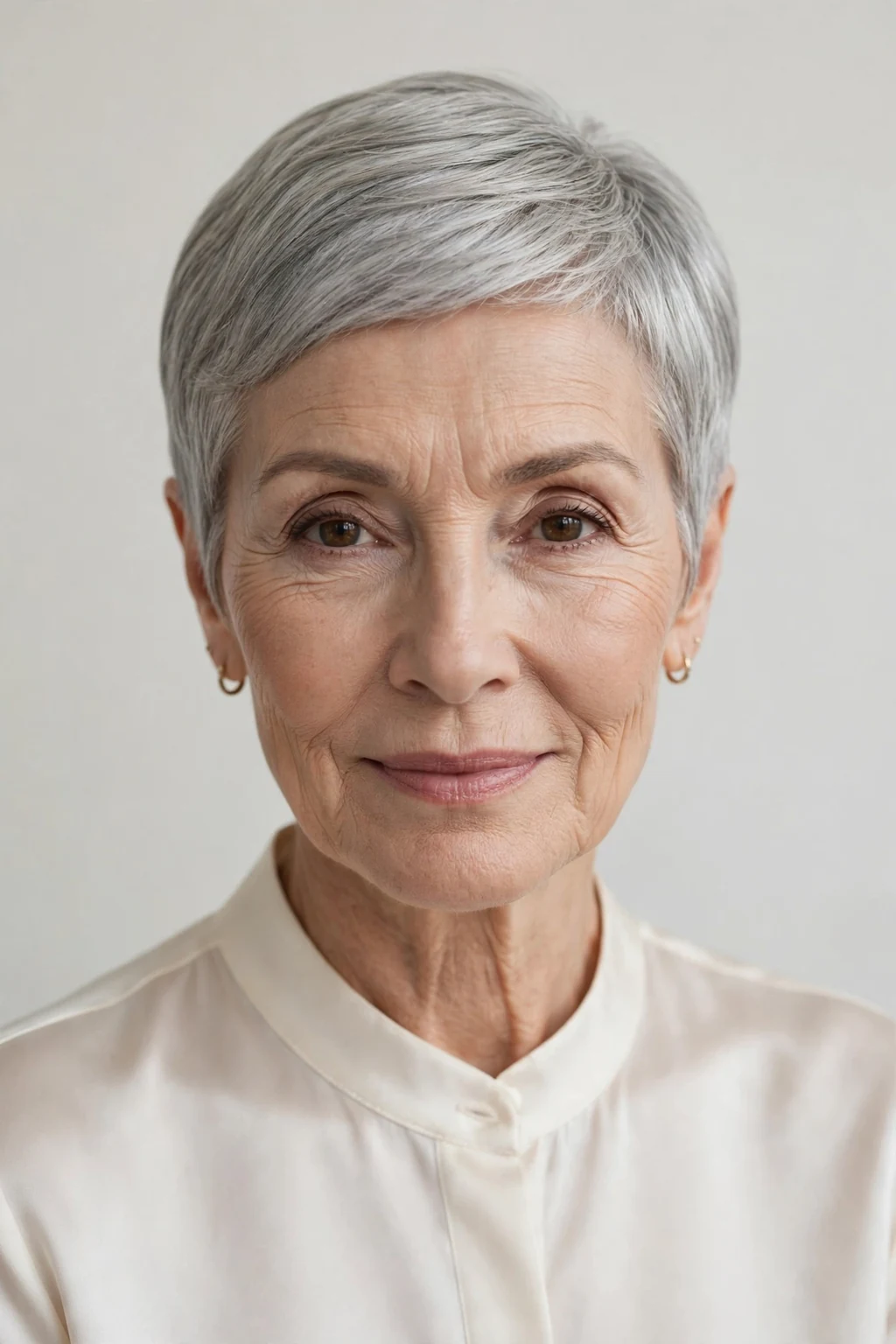 Elegant woman over 60 with sleek pixie, polished smooth finish, refined light.