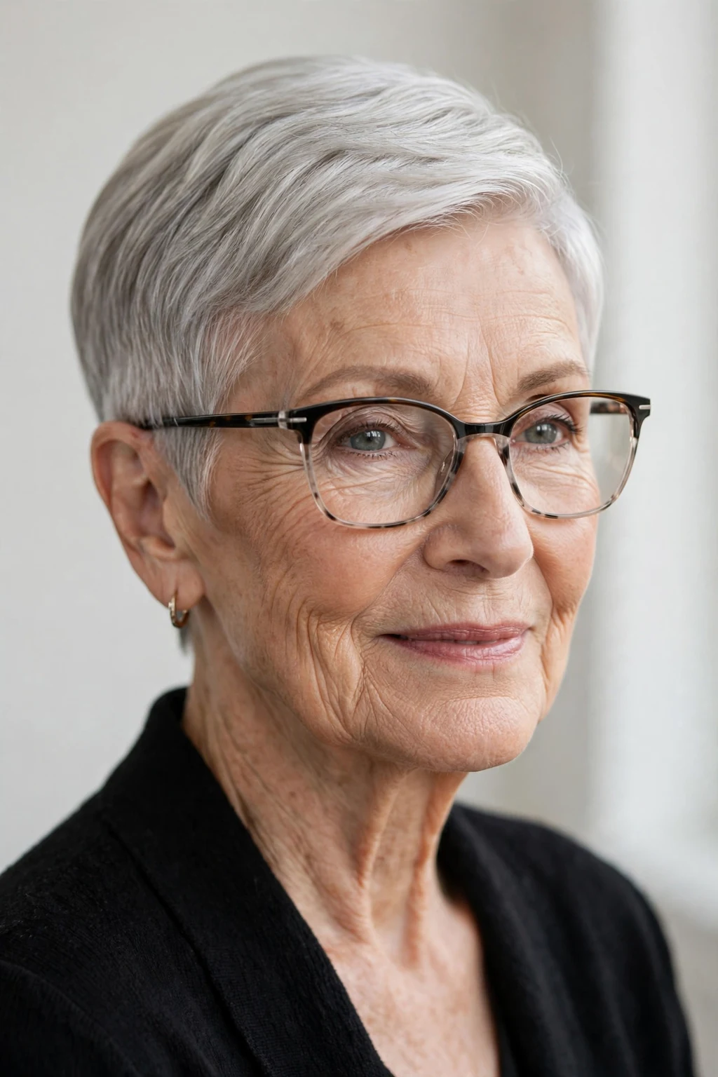 Elegant woman over 70 with glasses and sleek pixie, polished smooth finish, refined light.