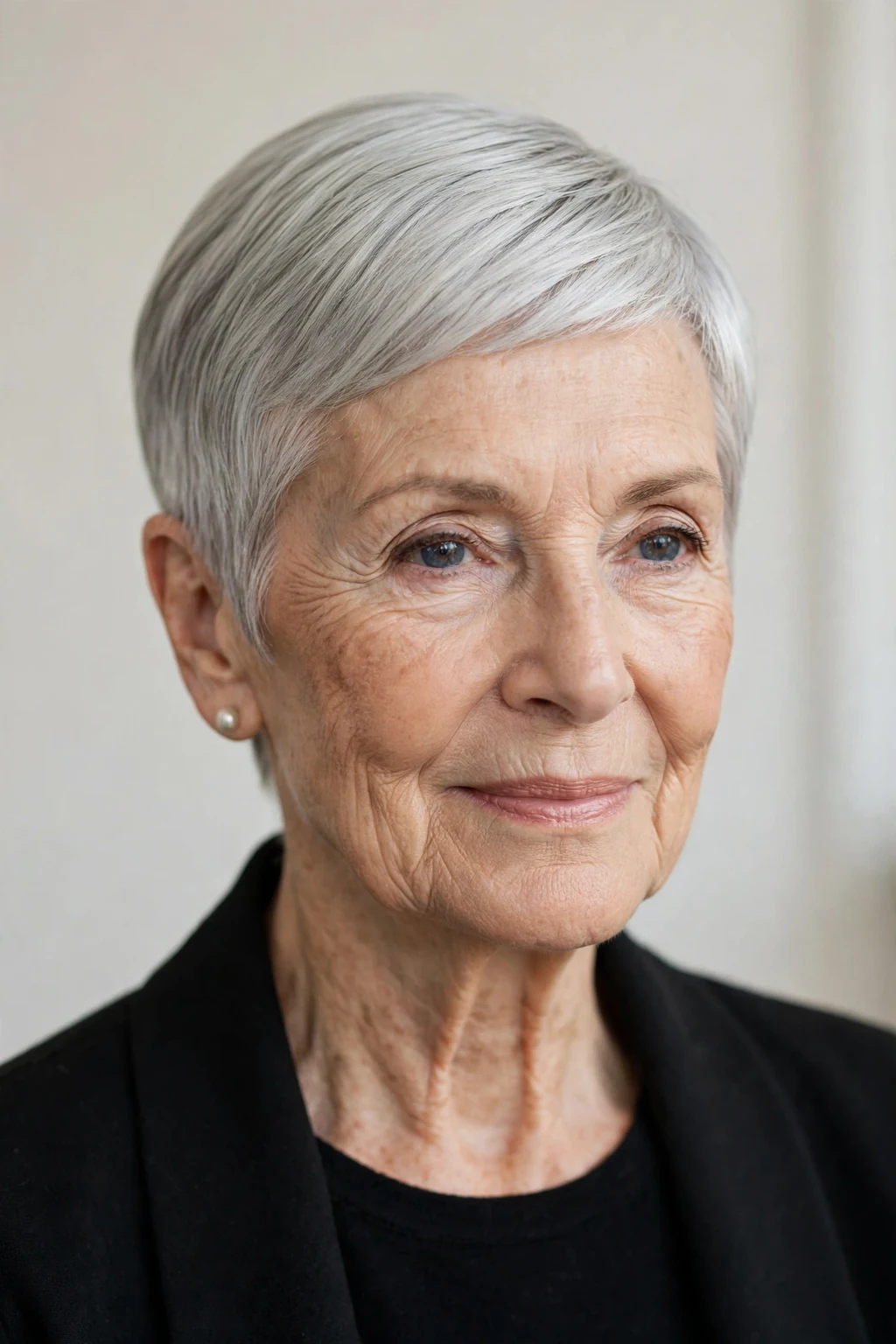 Elegant woman over 70 with sleek pixie, polished smooth finish, refined light.