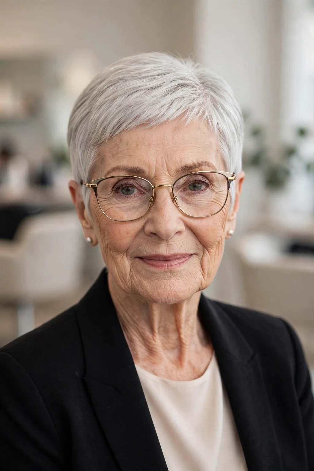 Elegant woman over 80 with glasses and sleek pixie, polished smooth finish, refined light.