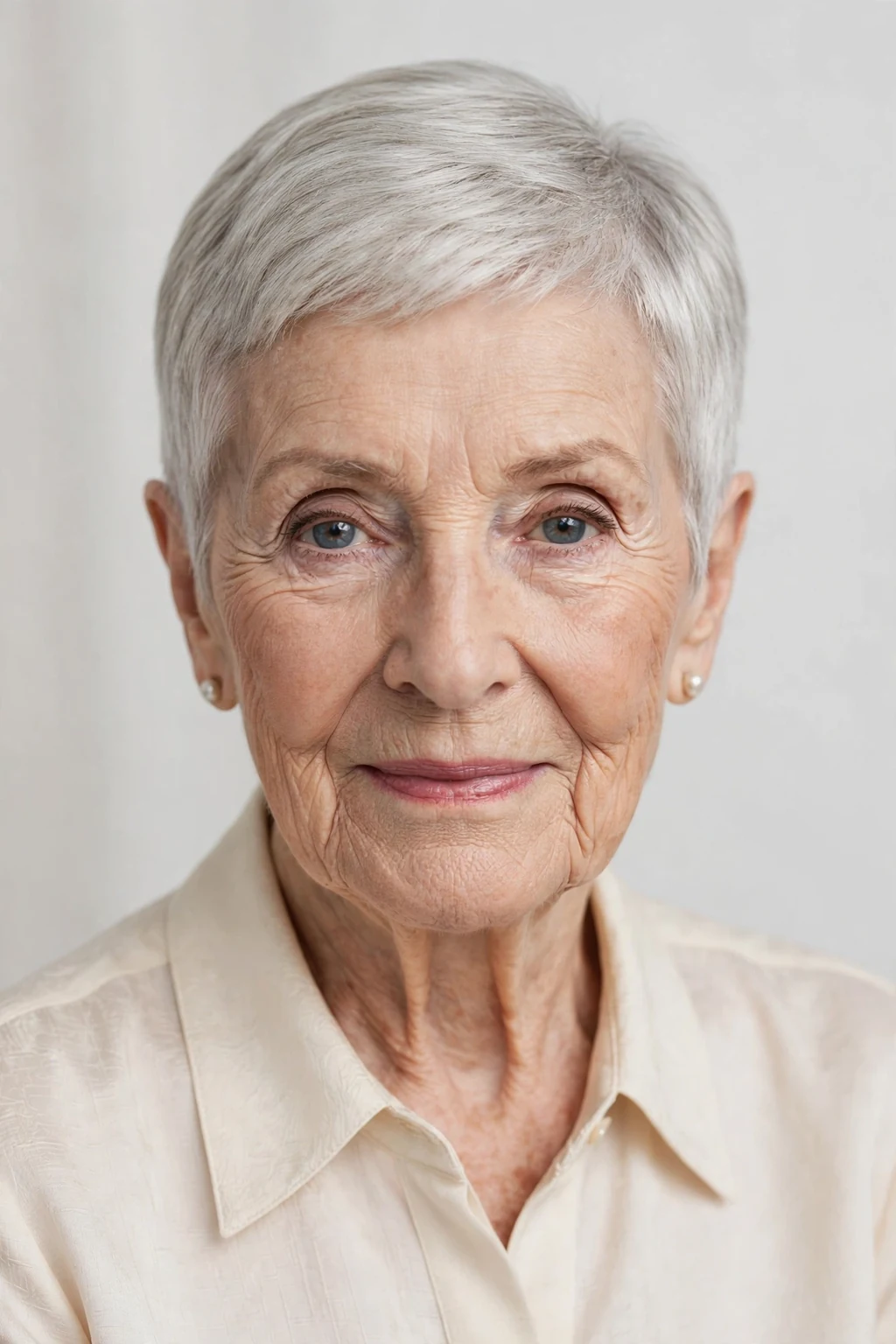 Elegant woman over 80 with sleek pixie, polished smooth finish, refined light.