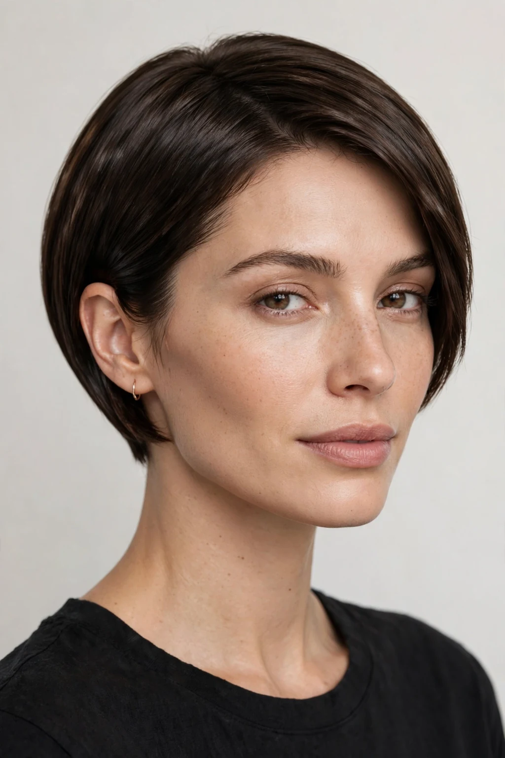 Woman with sleek pixie bob, polished smooth finish, glossy elegant light.