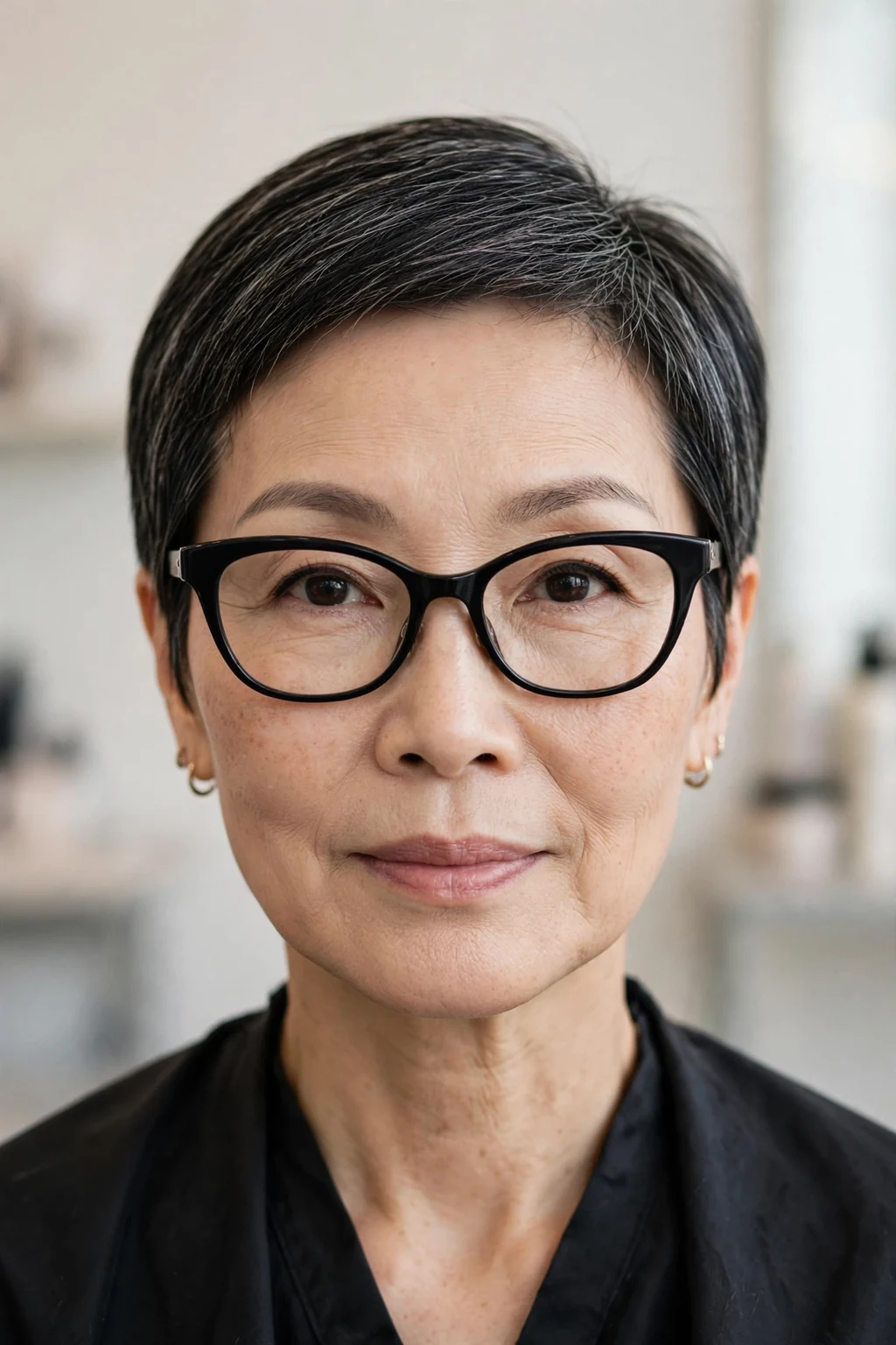 Elegant woman over 50 with fine hair and glasses and sleek pixie, polished smooth finish, refined light.