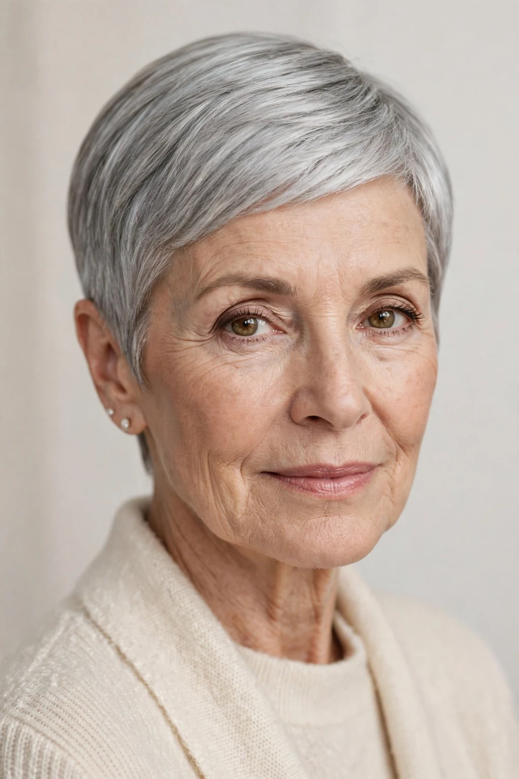 Elegant older woman with sleek pixie, polished smooth finish, refined light.