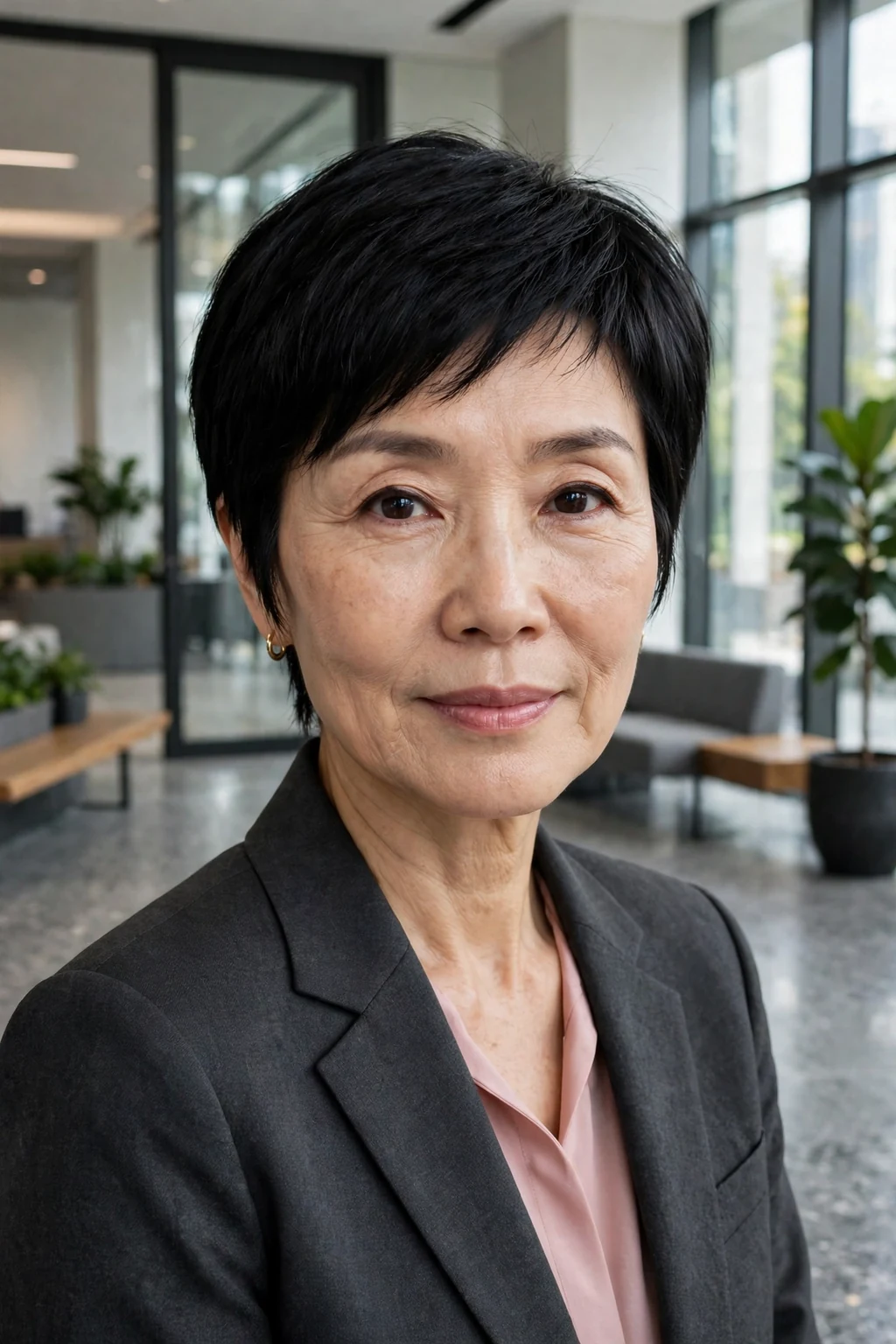 An East Asian woman in her mid fifties with a sleek pixie haircut, wearing a charcoal suit with a pink blouse in an office lobby.