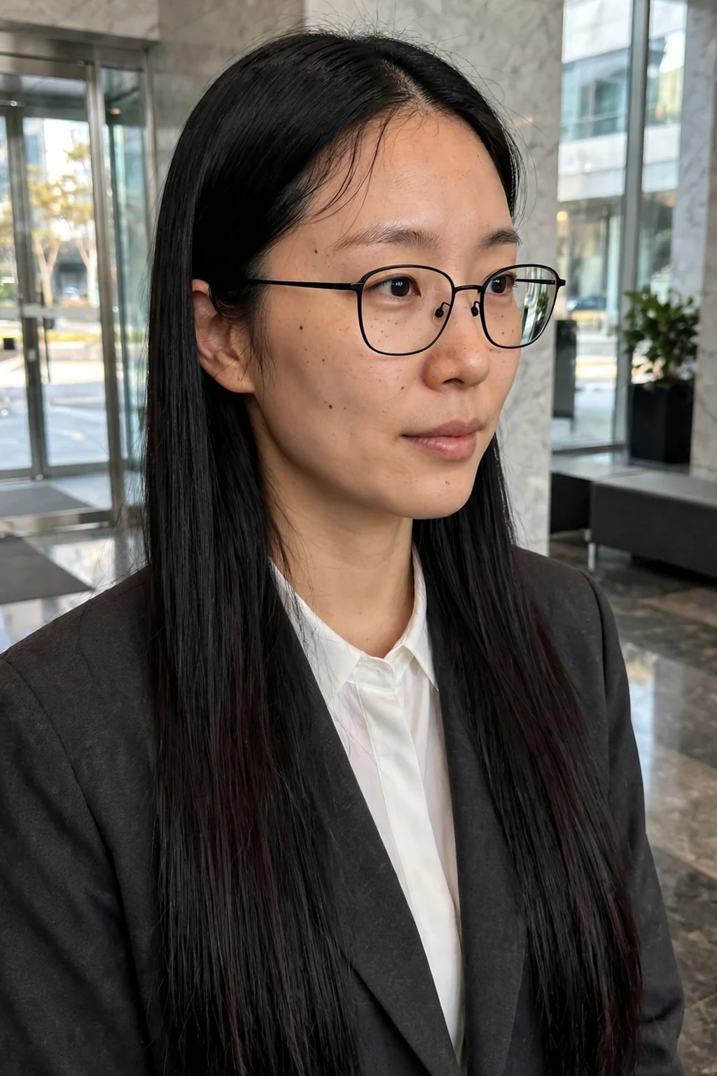 Young woman with sleek raven straight hair in an office lobby wearing a charcoal blazer.