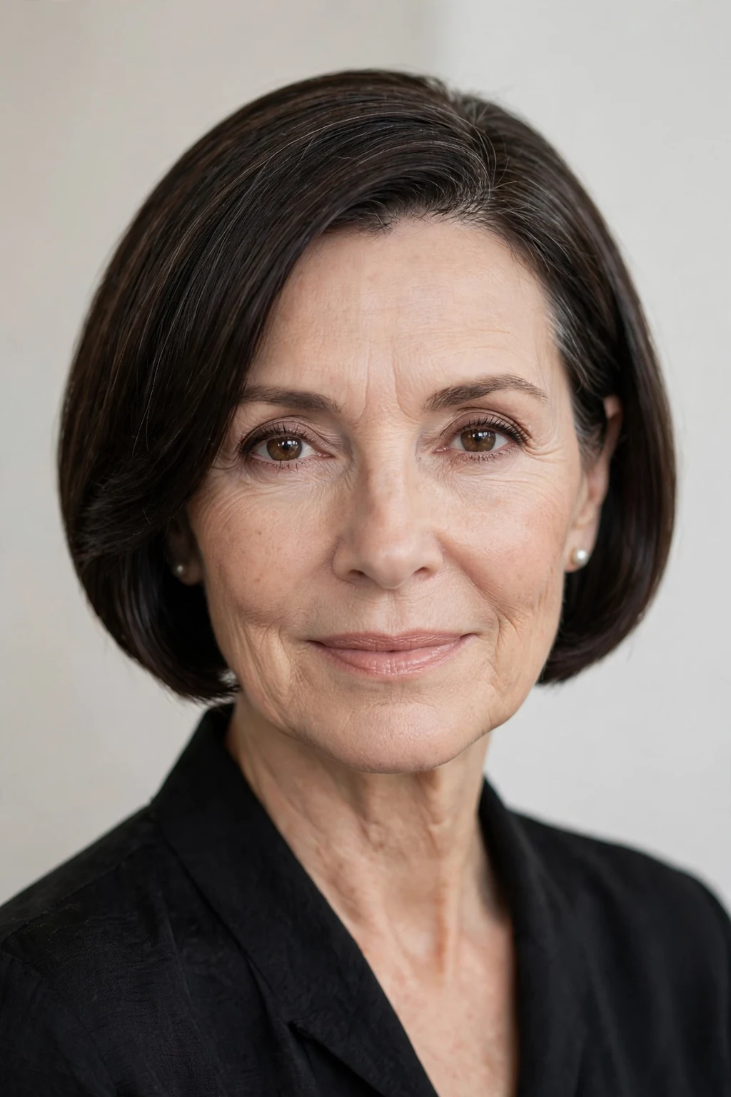 Elegant woman over 50 with sleek short bob, polished smooth finish, refined light.