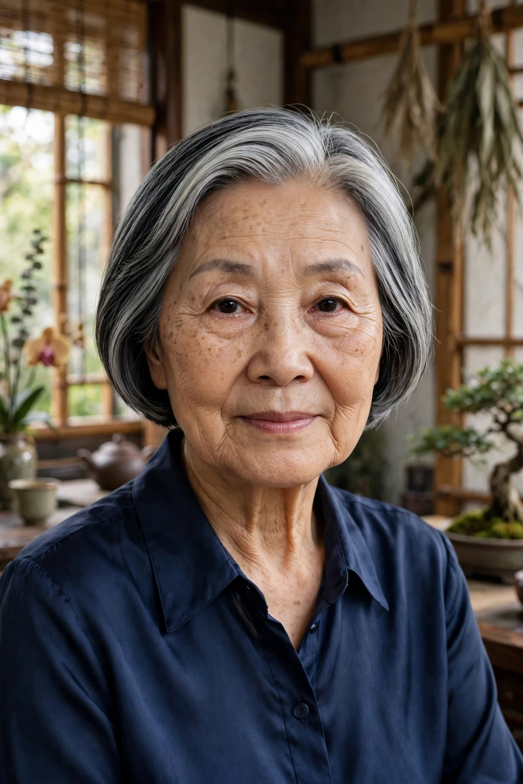 Mature woman with a sleek short bob short haircut for fine hair, styled with soft volume.