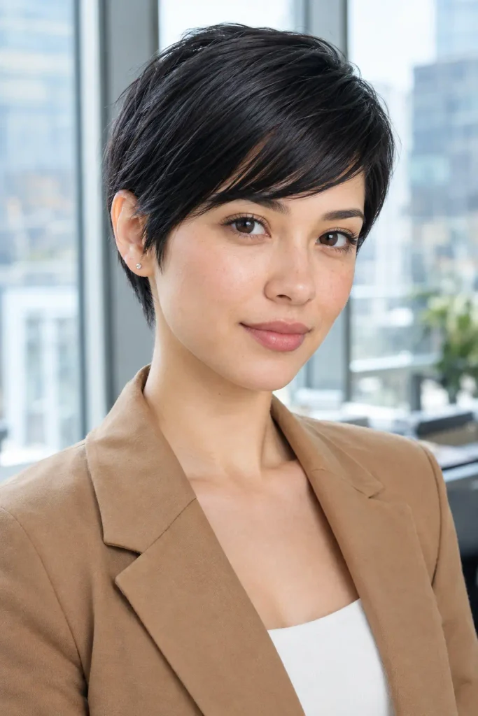Feminine Pixie Haircuts with a sleek straight-hair finish and clean tapered sides