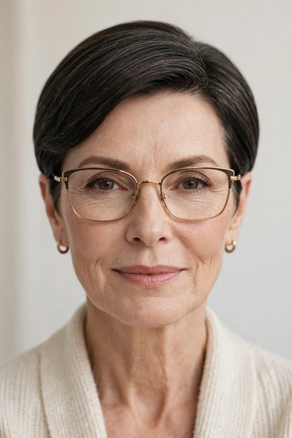 Elegant woman over 50 with glasses and sleek short style, polished smooth finish, refined light.
