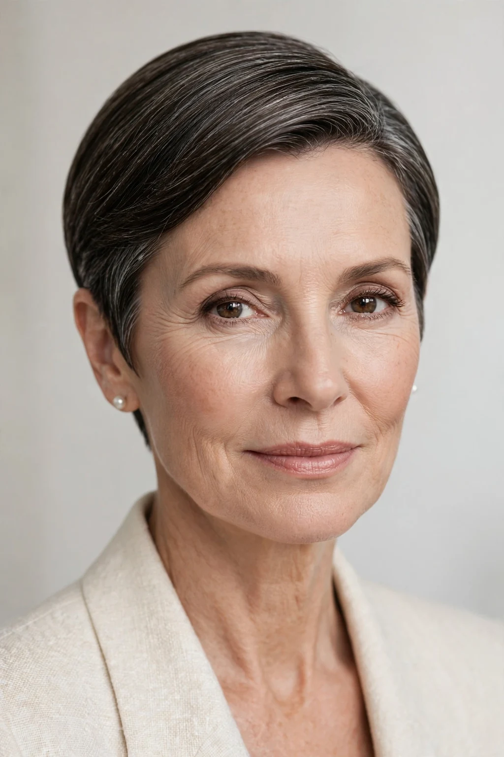 Elegant woman over 50 with sleek short style, polished smooth finish, refined light.