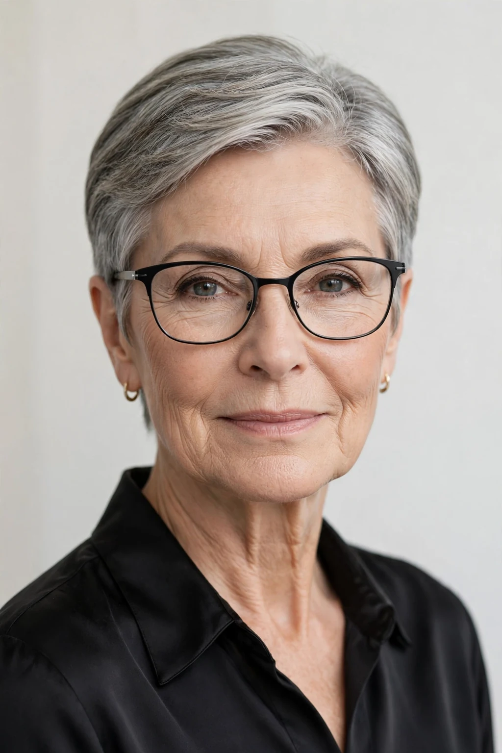 Elegant woman over 60 with glasses and sleek short style, polished smooth finish, refined light.