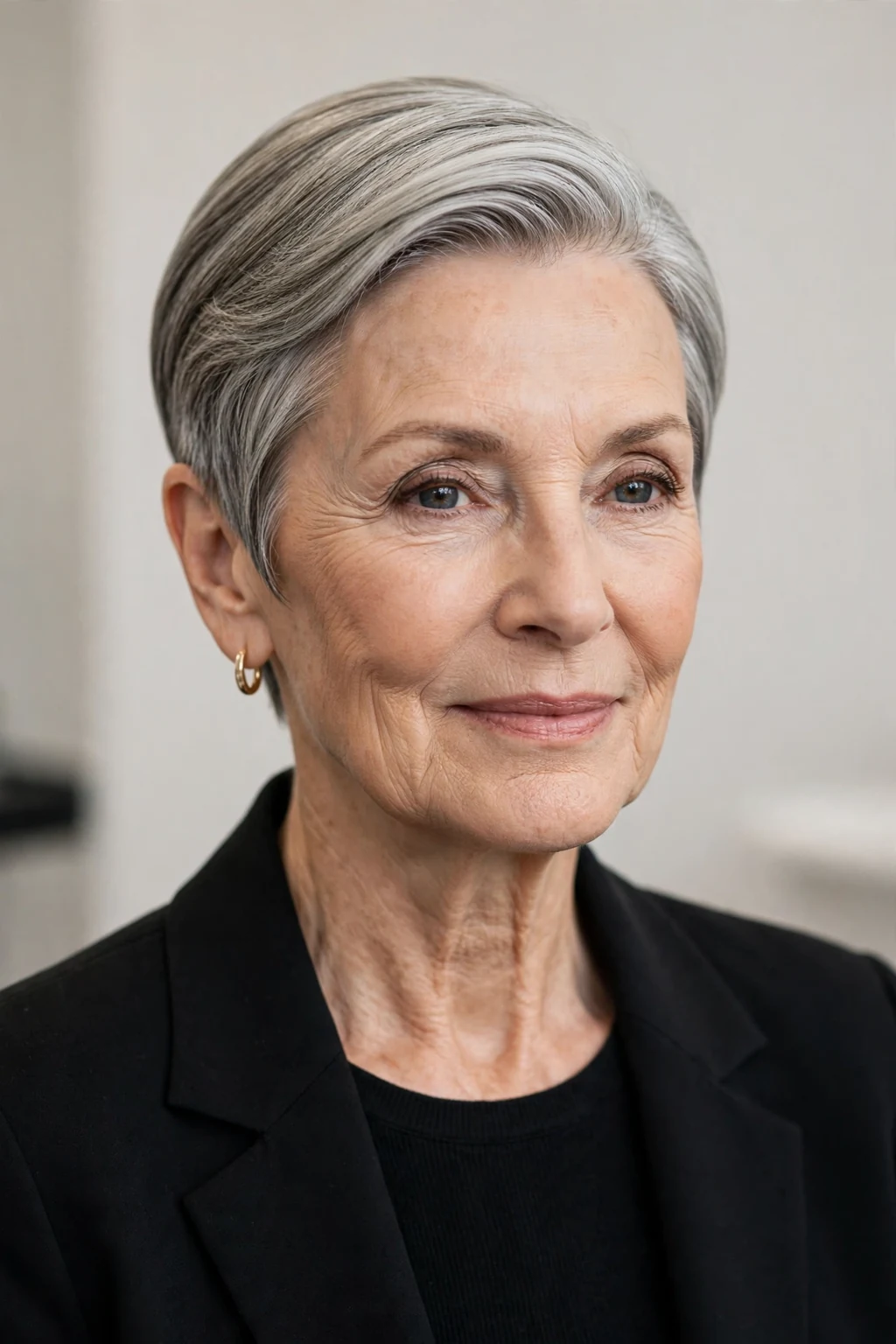 Elegant woman over 60 with sleek short style, polished smooth finish, refined light.
