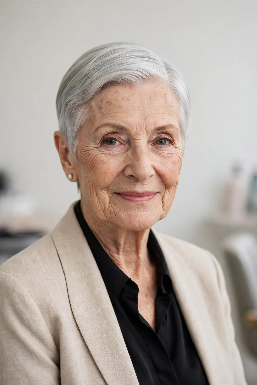 Elegant woman over 70 with sleek short style, polished smooth finish, refined light.