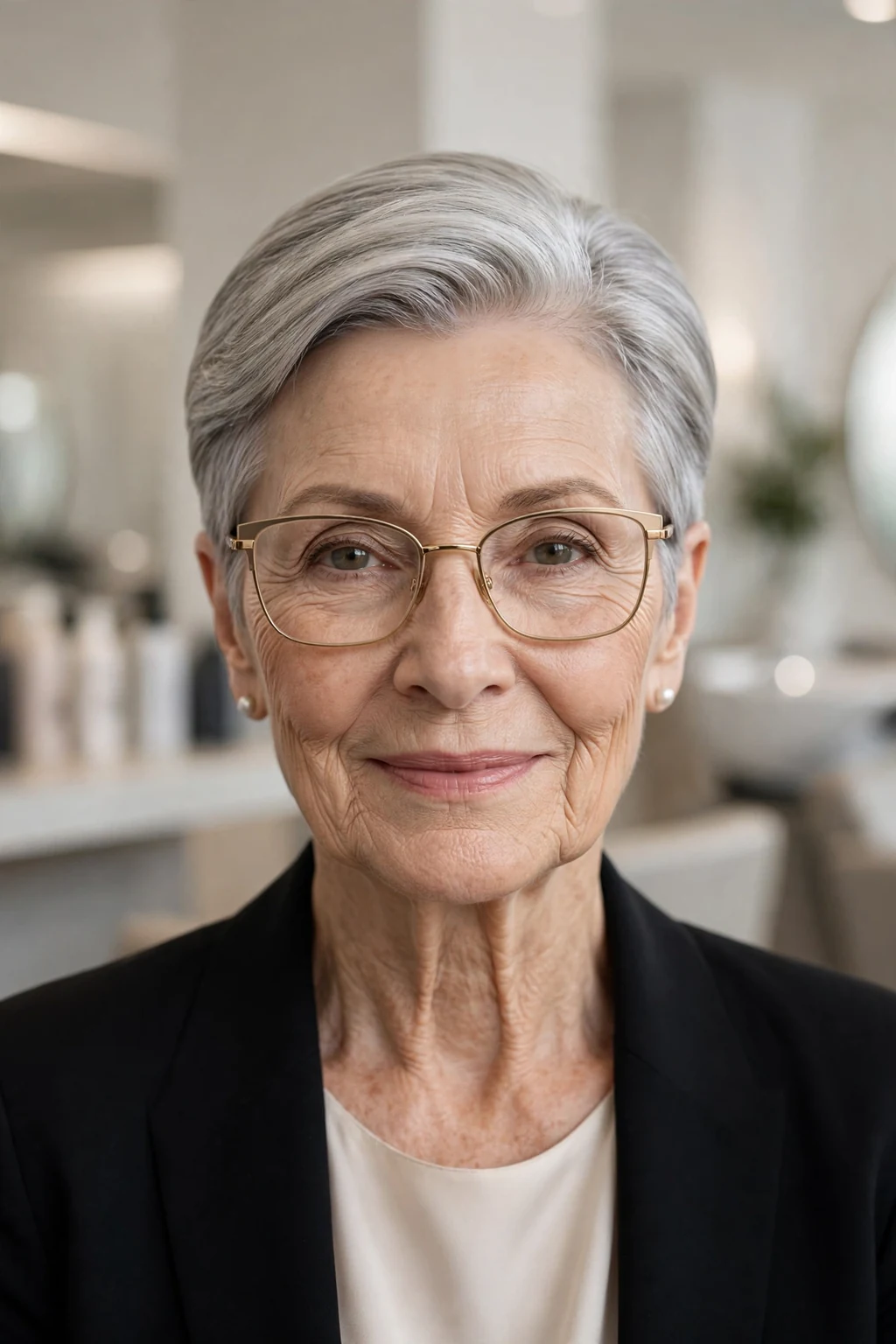 Elegant woman over 70 with glasses and sleek short style, polished smooth finish, refined light.