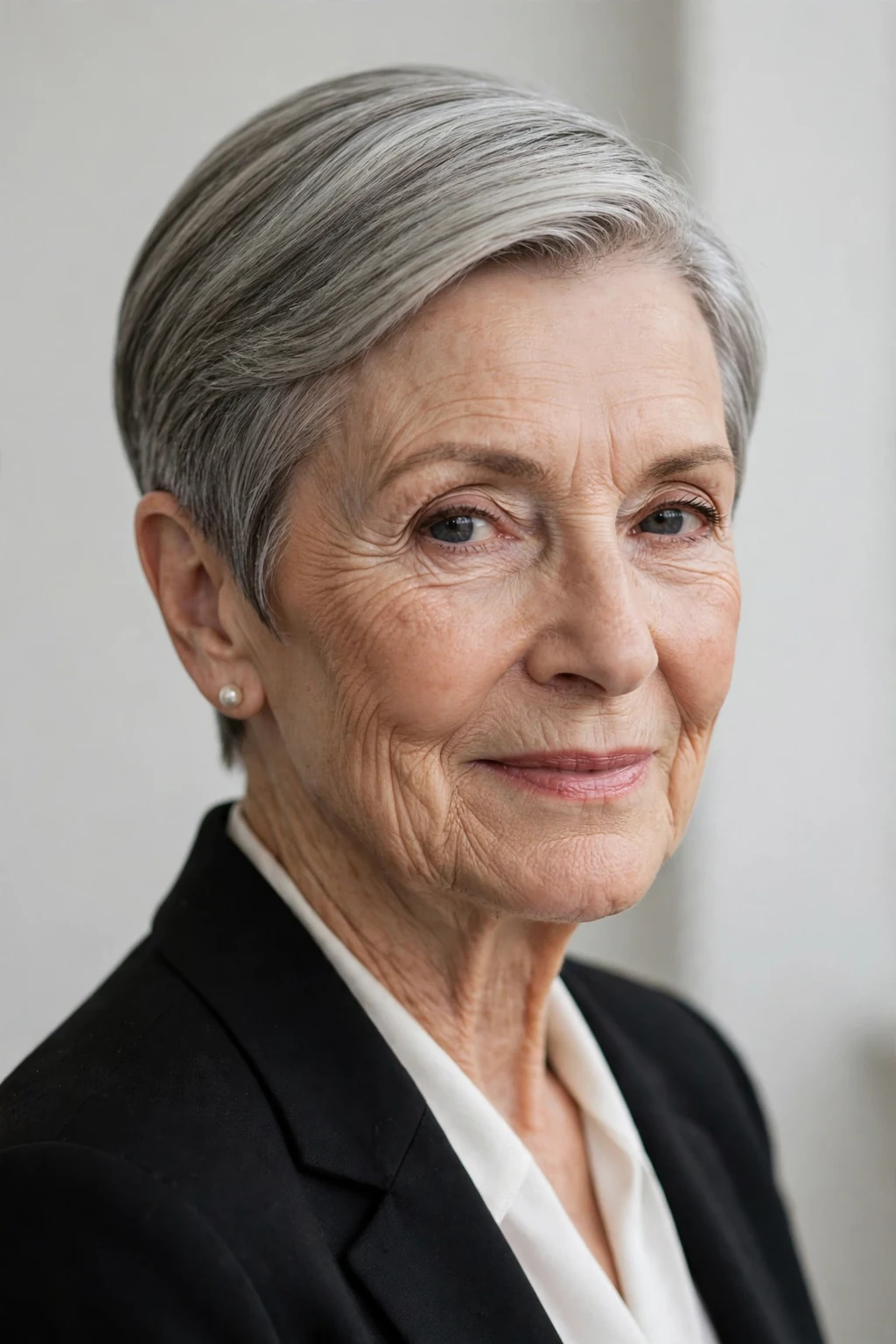 Elegant woman over 70 with sleek short style, polished smooth finish, refined light.