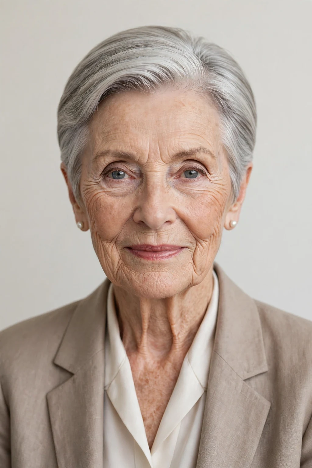 Elegant woman over 80 with sleek short style, polished smooth finish, refined light.