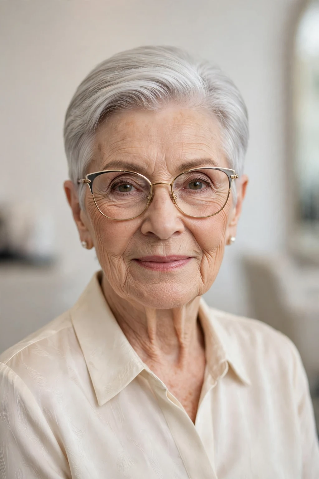 Elegant woman over 80 with glasses and sleek short style, polished smooth finish, refined light.