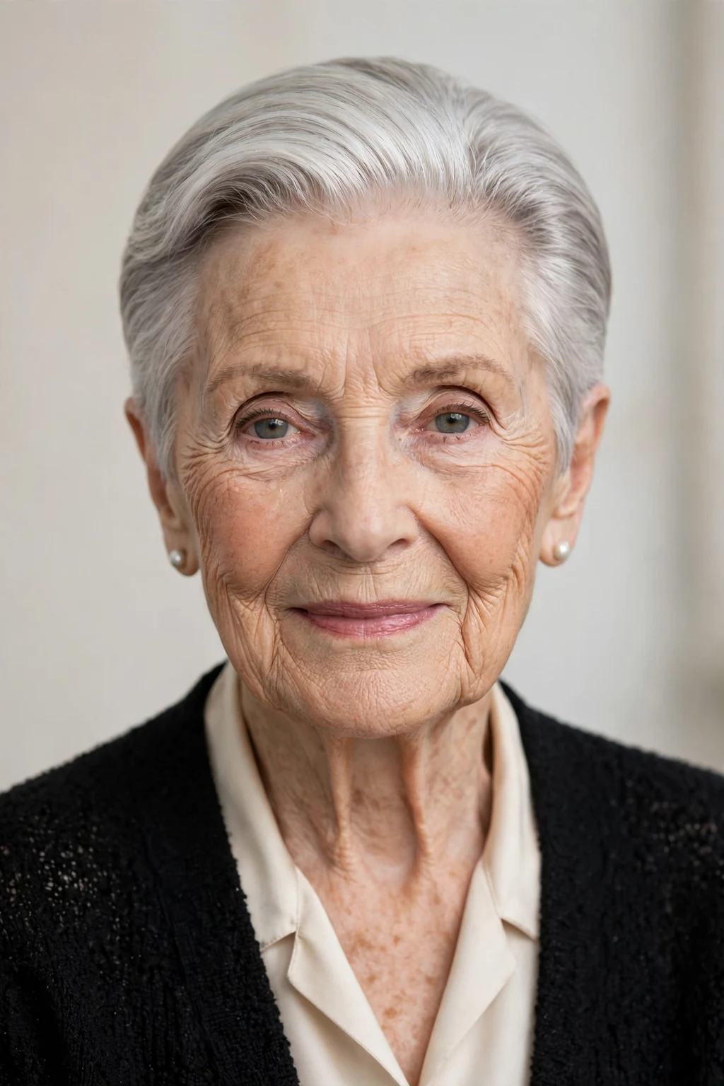 Elegant woman over 80 with sleek short style, polished smooth finish, refined light.