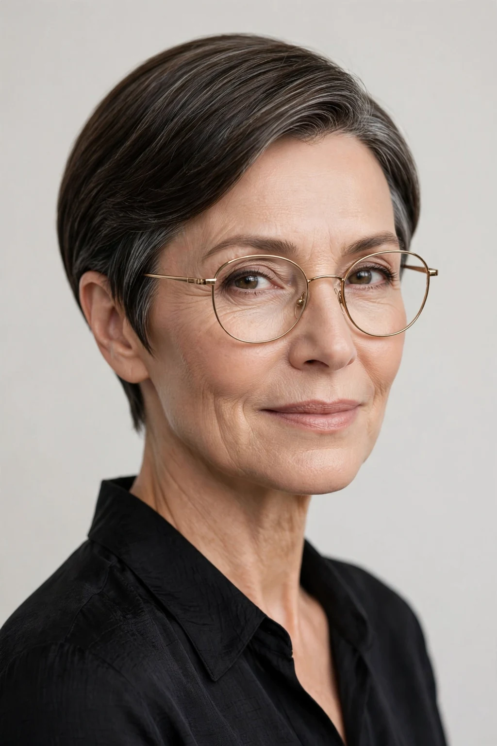 Elegant woman over 50 with glasses and sleek short style, polished smooth finish, refined light.