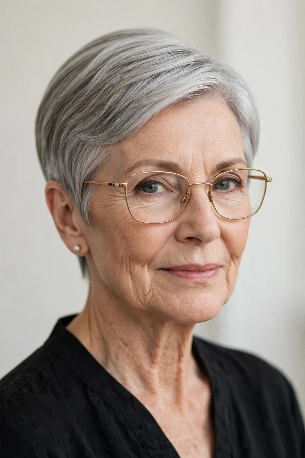 Elegant woman over 60 with glasses and sleek short style, polished smooth finish, refined light.