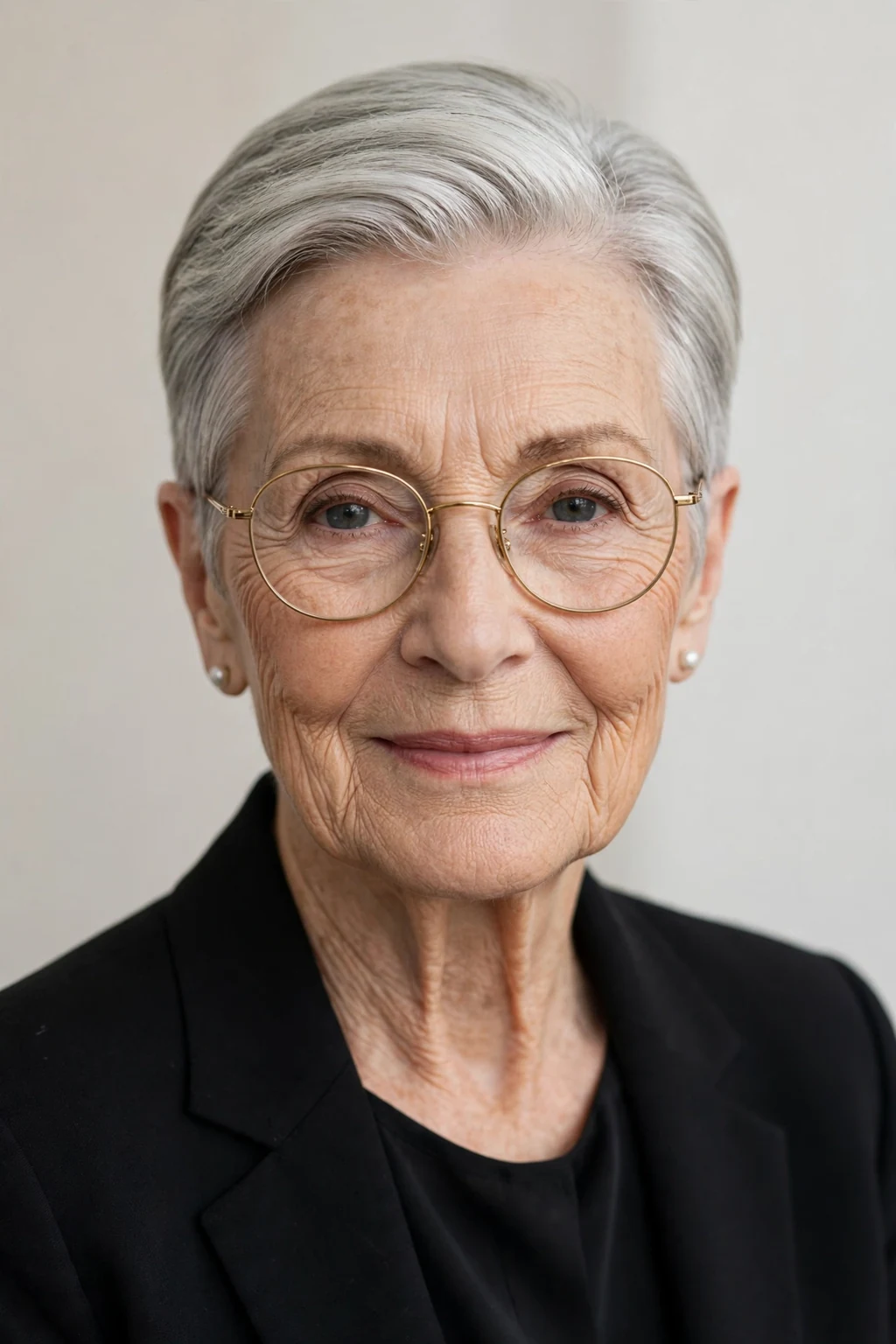 Elegant woman over 70 with glasses and sleek short style, polished smooth finish, refined light.
