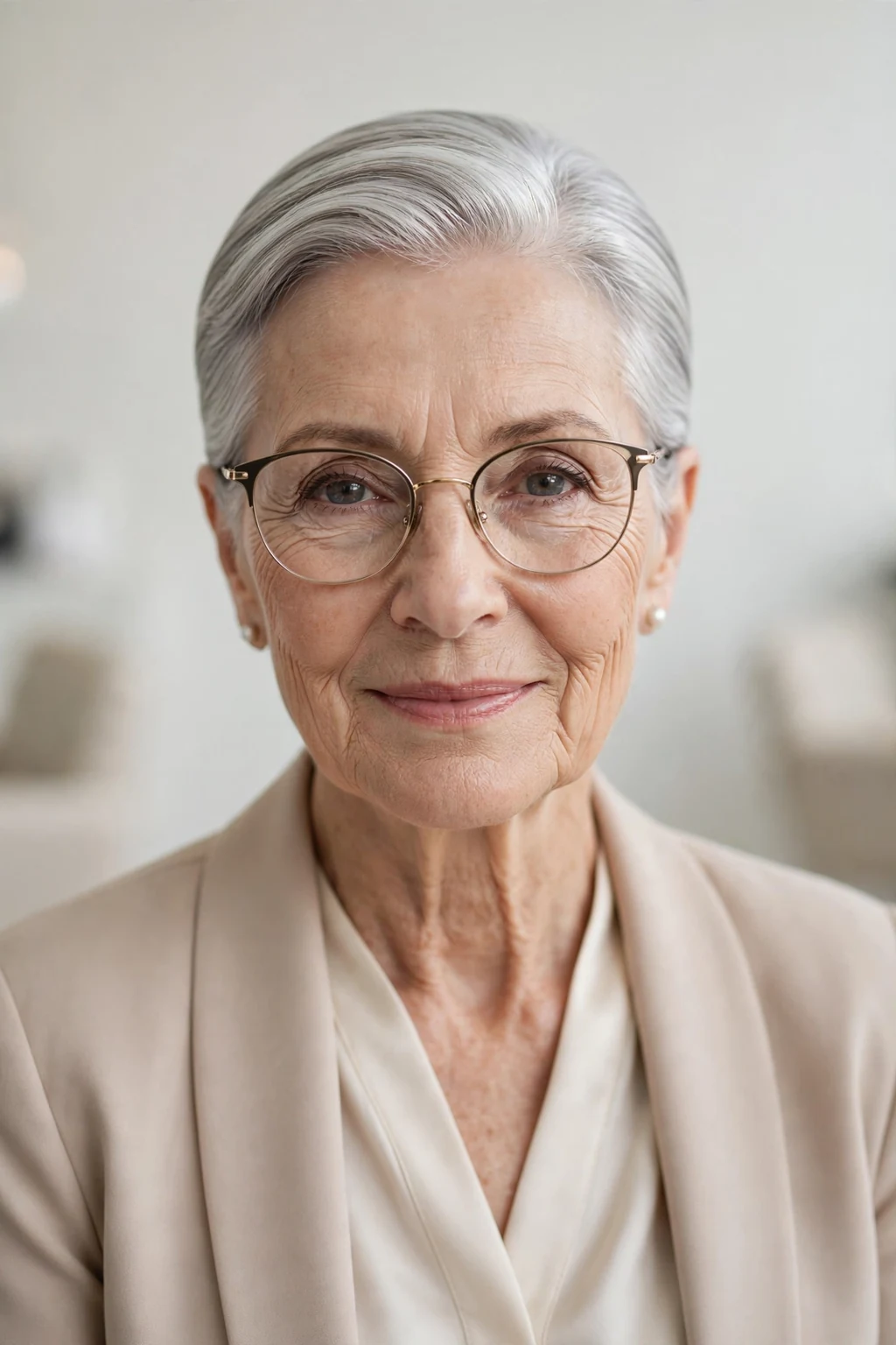 Elegant older woman with glasses and sleek short style, polished smooth finish, refined light.