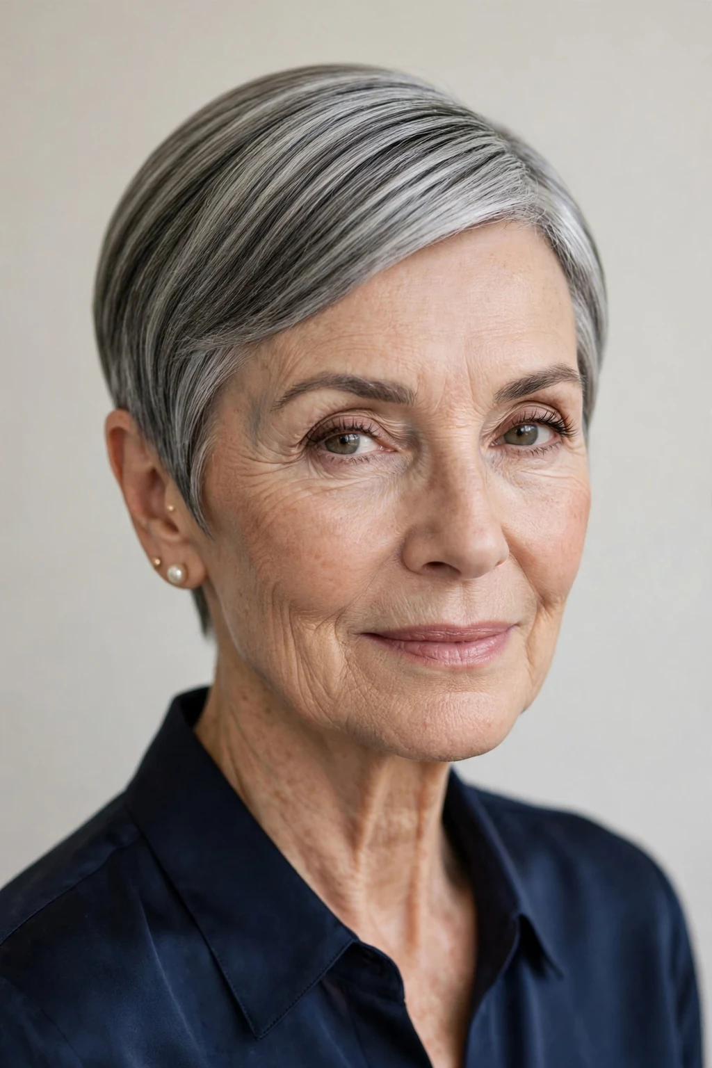 Elegant older woman with sleek short style, polished smooth finish, refined light.
