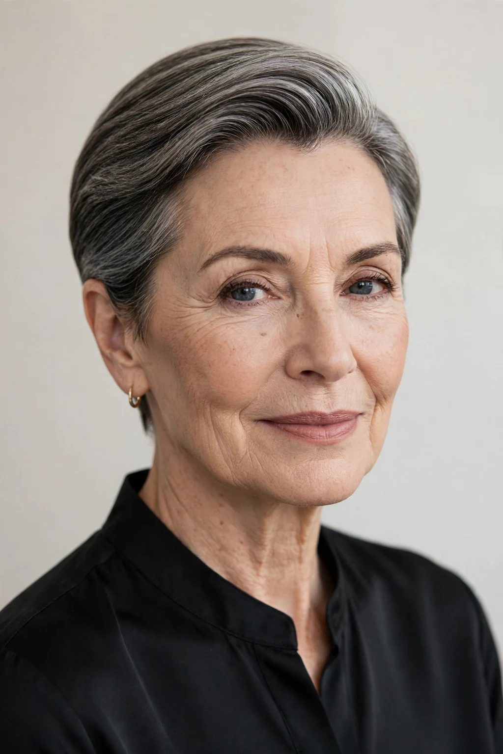 Elegant woman over 60 with sleek short style, polished smooth finish, refined light.