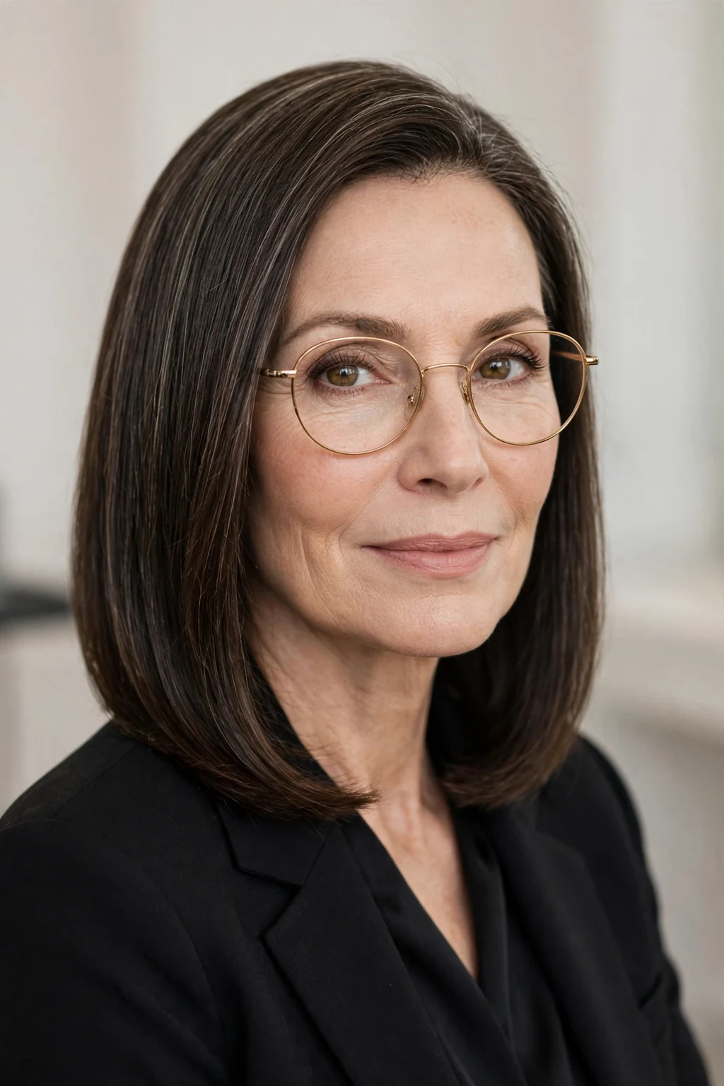 Elegant woman over 50 with glasses and sleek shoulder style, polished smooth finish, refined light.