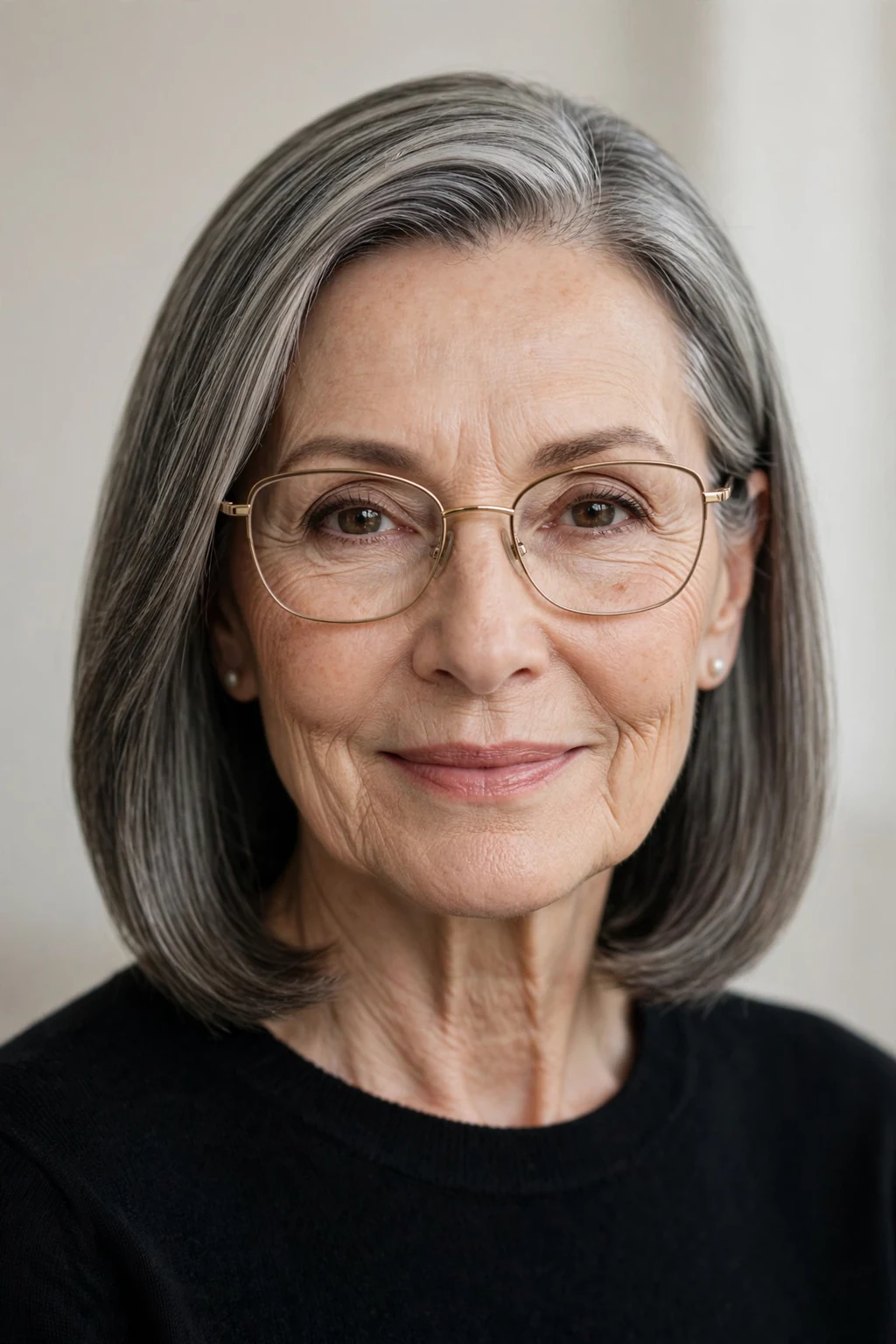 Elegant woman over 60 with glasses and sleek shoulder style, polished smooth finish, refined light.