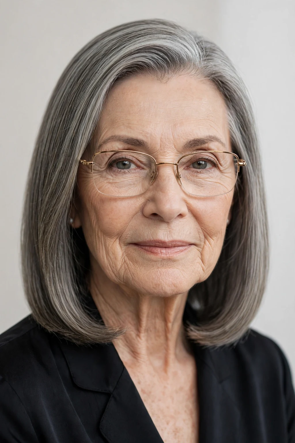 Elegant woman over 70 with glasses and sleek shoulder style, polished smooth finish, refined light.