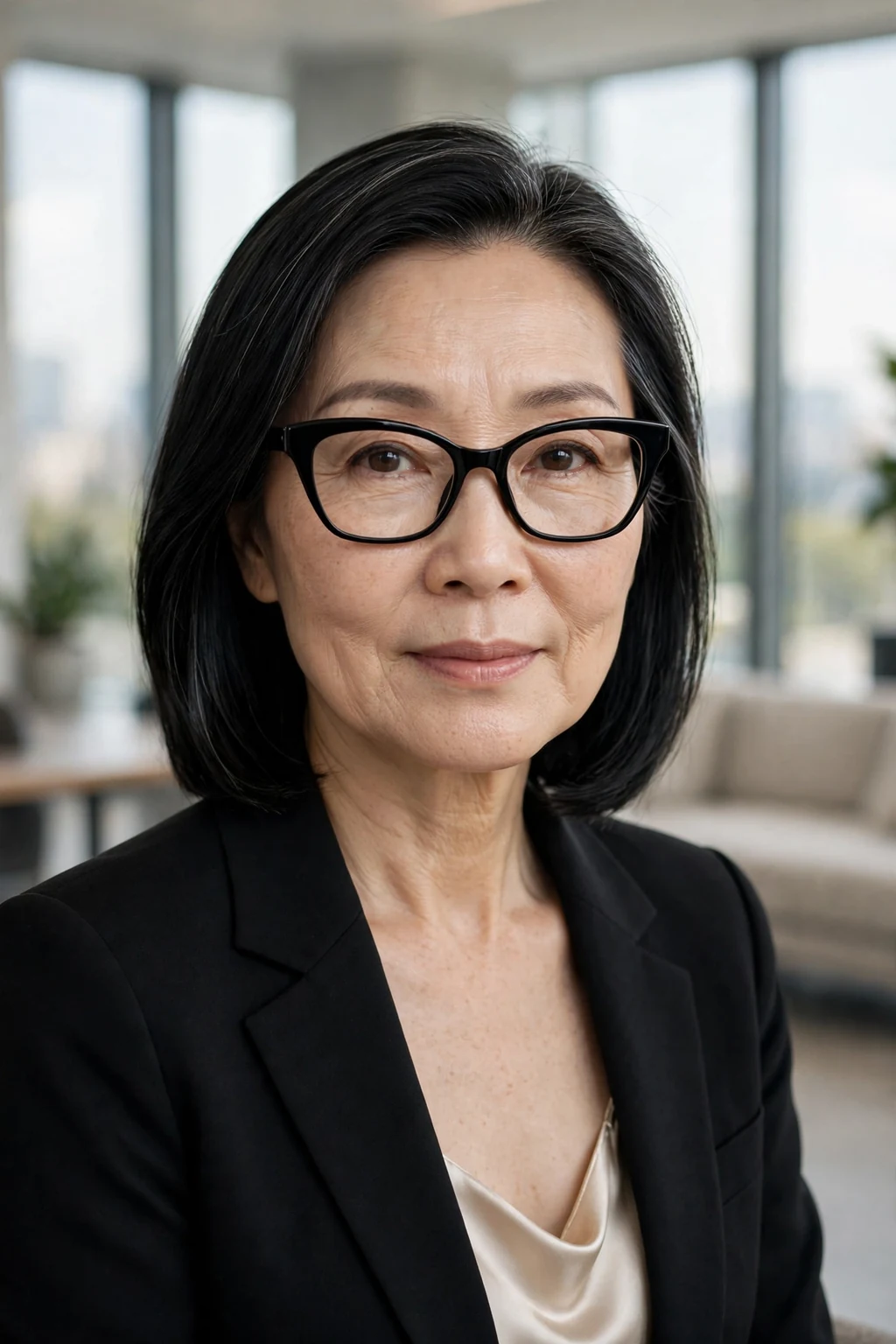 Elegant older woman over 50 with fine hair and glasses and sleek shoulder style, polished smooth finish, refined light.