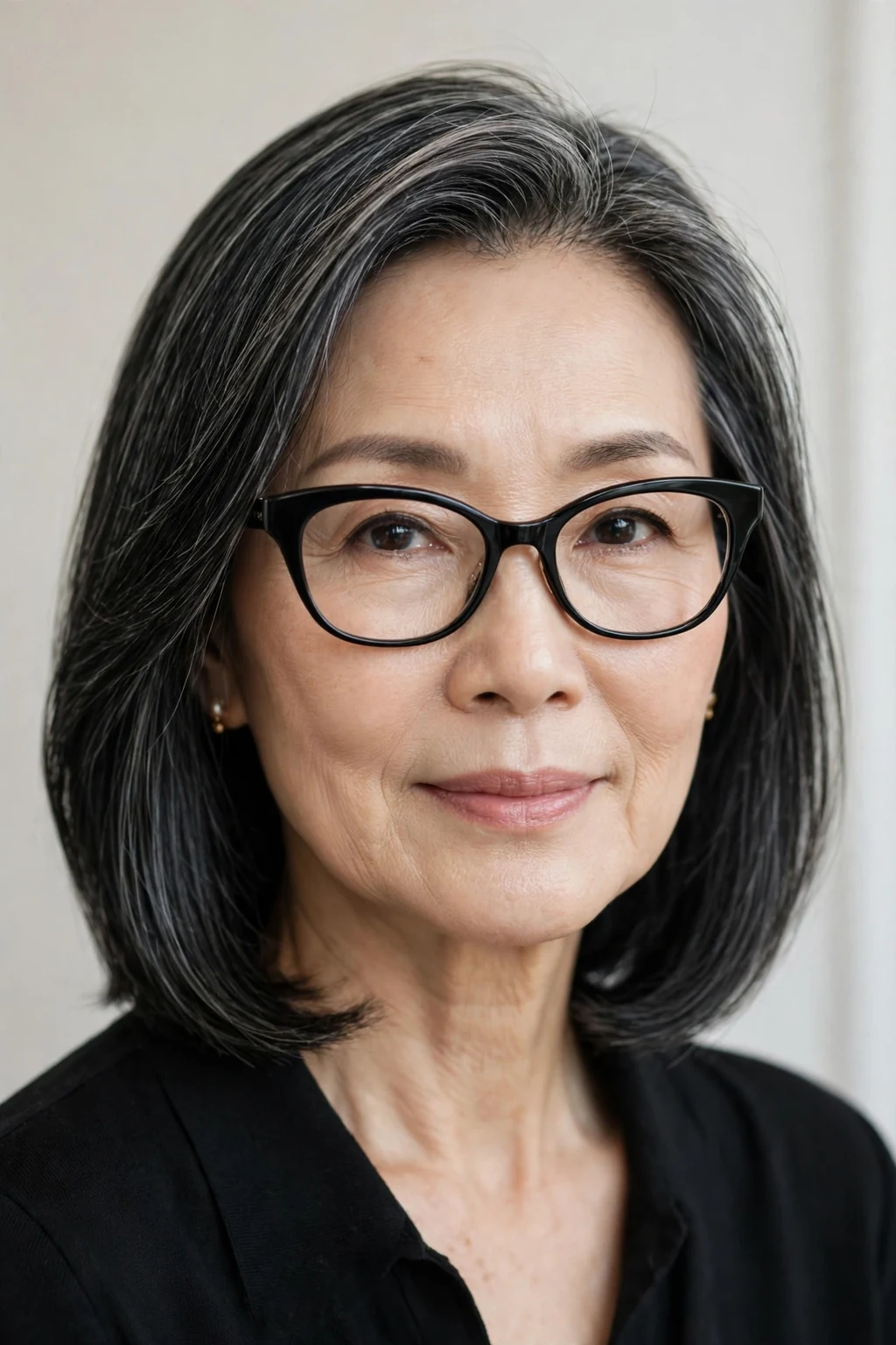 Elegant woman over 60 with fine hair and glasses and sleek shoulder style, polished smooth finish, refined light.
