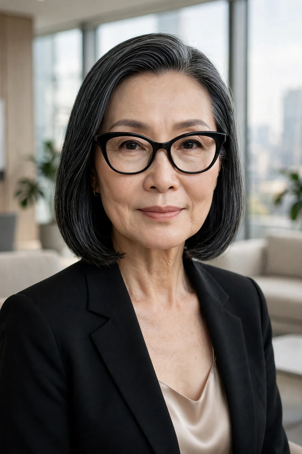 Elegant woman over 60 with fine hair and glasses and sleek shoulder style, polished smooth finish, refined light.