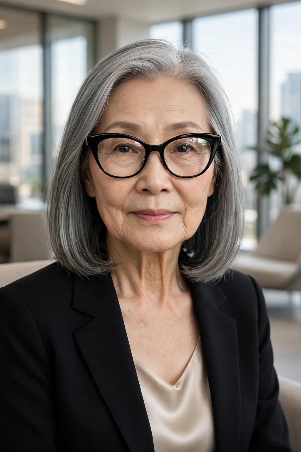Elegant older woman over 70 with fine hair and glasses and sleek shoulder style, polished smooth finish, refined light.