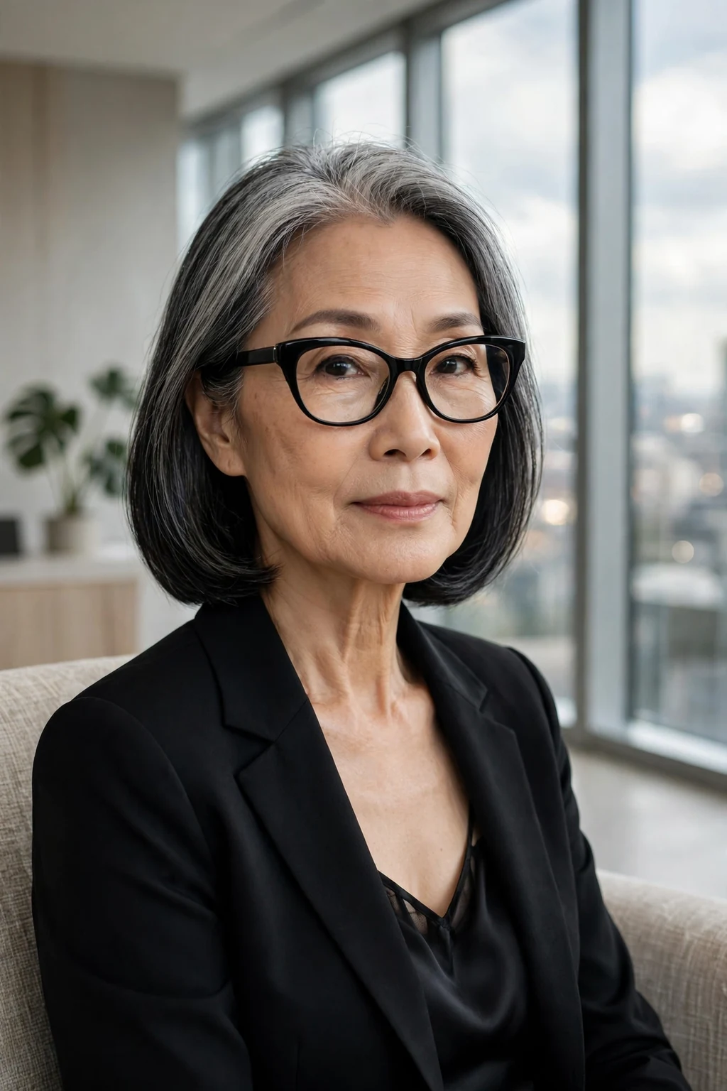 Elegant woman over 60 with fine hair and glasses and sleek shoulder style, polished smooth finish, refined light.