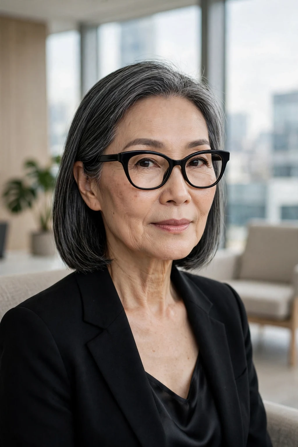 Elegant woman over 60 with fine hair and glasses and sleek shoulder style, polished smooth finish, refined light.