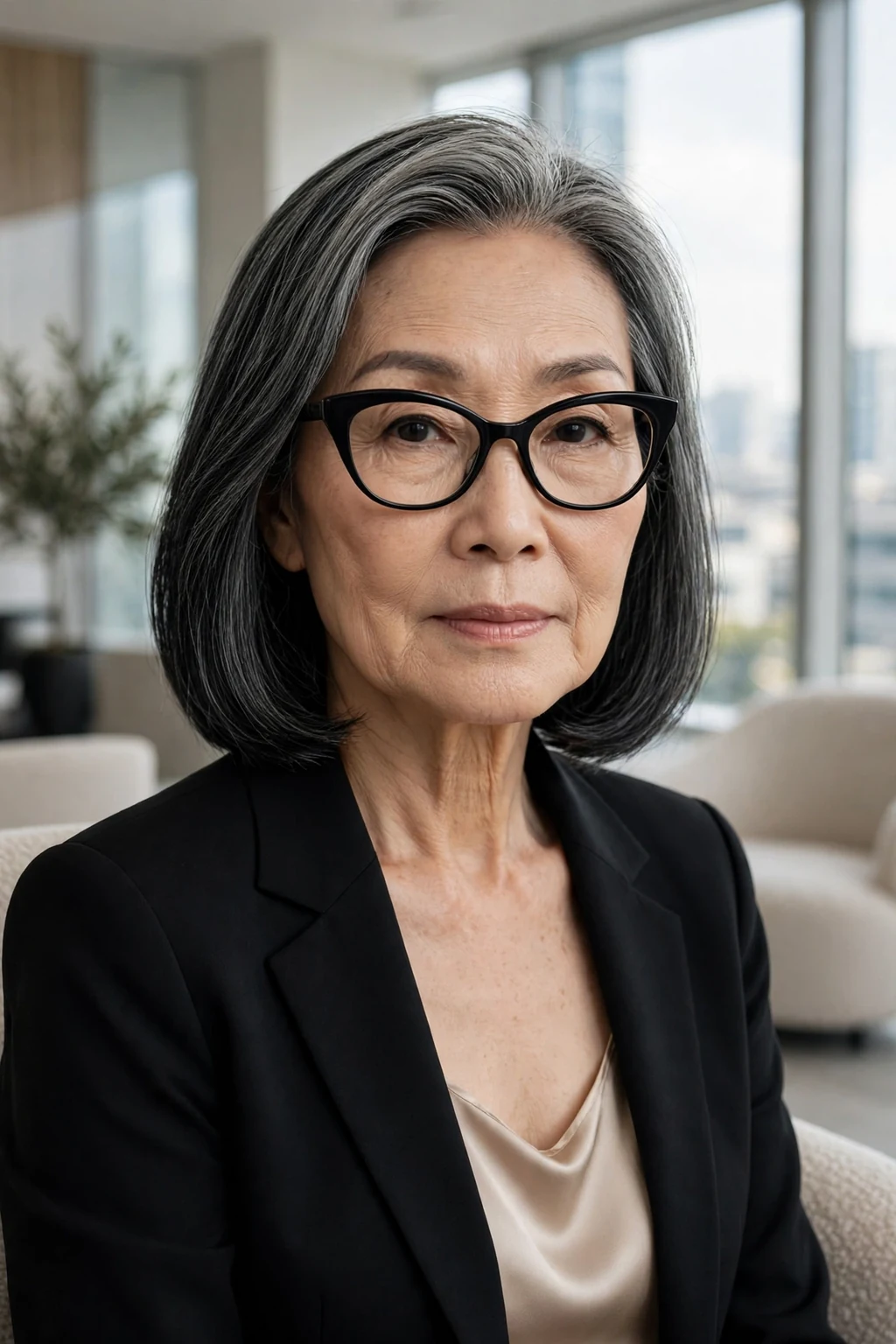 Elegant older woman with fine hair and glasses and sleek shoulder style, polished smooth finish, refined light.