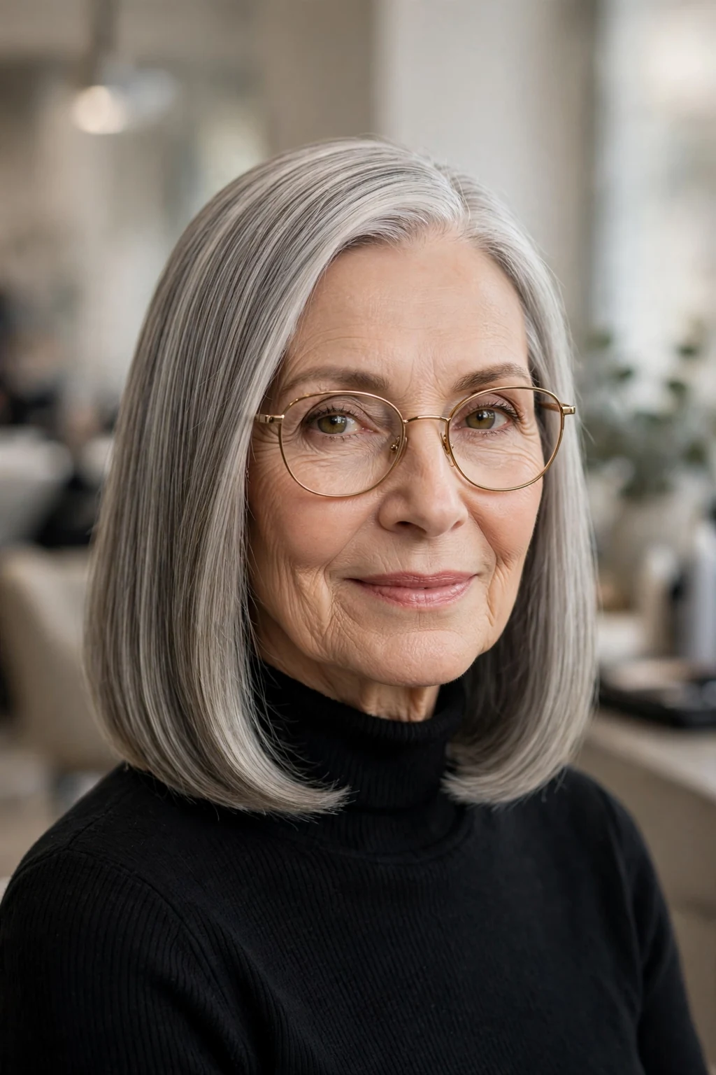 Elegant older woman with glasses and sleek shoulder style, polished smooth finish, refined light.