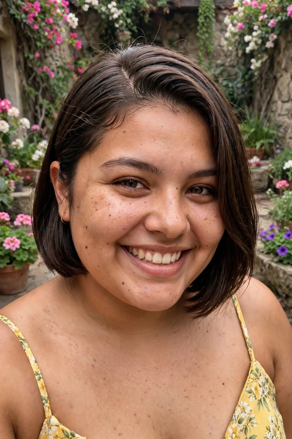 Young woman aged 18 to 20 with sleek side-part bob hairstyle for prom, a flower-filled courtyard garden.