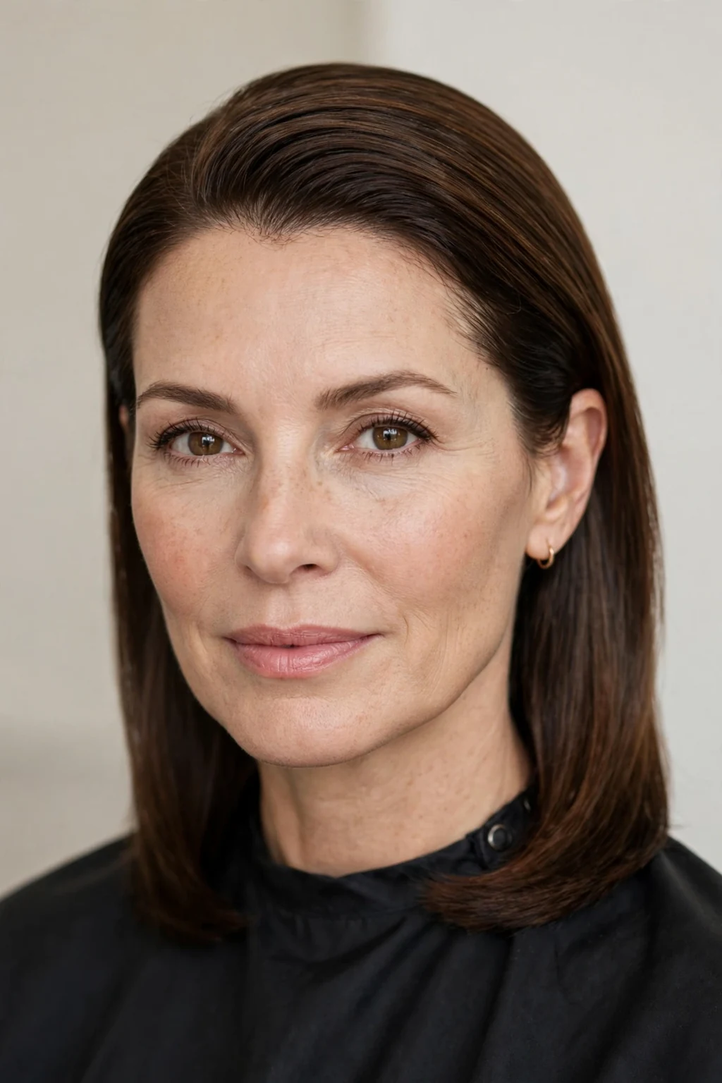 Woman over 40 with sleek side-part medium style, polished deep part, refined light.