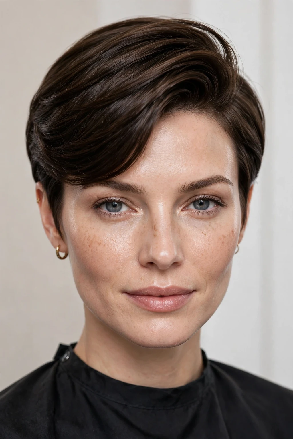 Woman with sleek side pixie, smooth polished sweep, glossy elegant light.