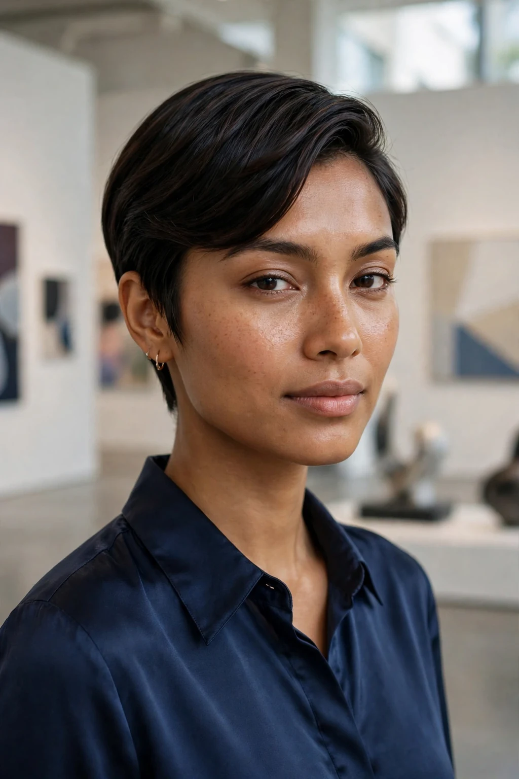 A young woman with a sleek side-swept pixie, smooth polished hair swept elegantly across the forehead.