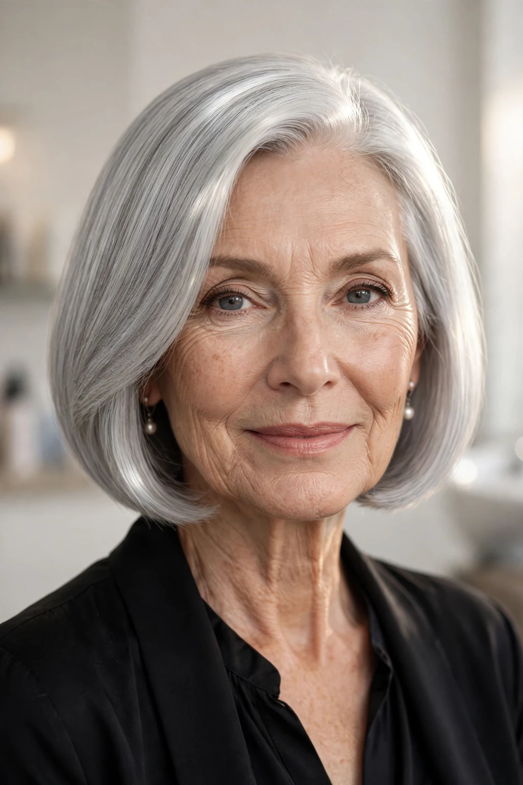 Elegant woman over 60 with sleek silver bob, luminous gray shine, glamorous light.