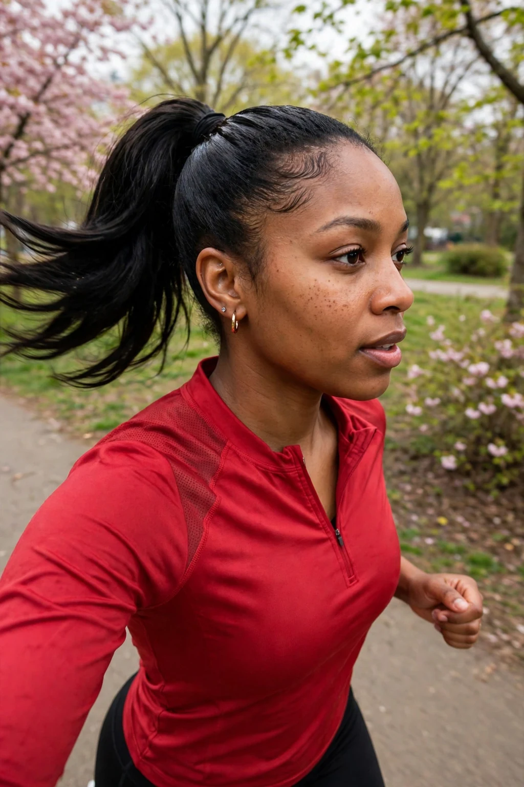 Young woman with a sleek spring ponytail and glossy finish, jogging in a park wearing a red athletic top.