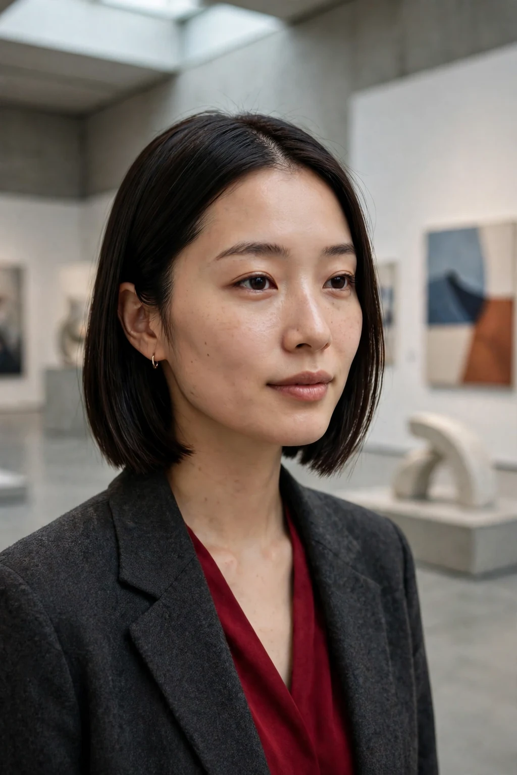 Young woman with a sleek straight bob with a glossy smooth finish that makes fine hair look dense.