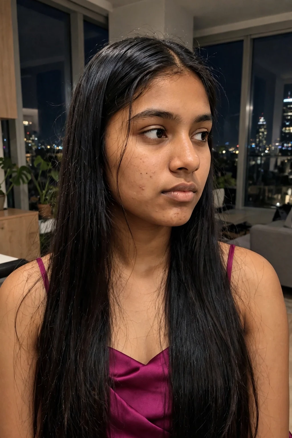 A young woman with very long sleek straight glossy hair for prom.