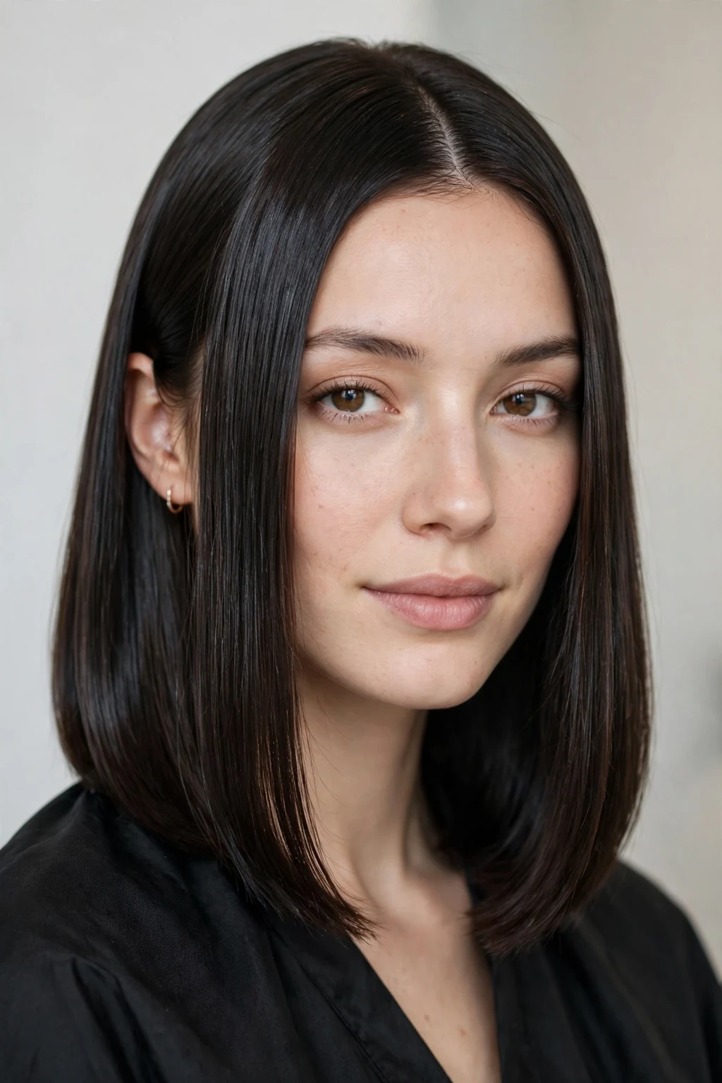 Woman with sleek straight lob, polished mirror-shine hair, elegant light.