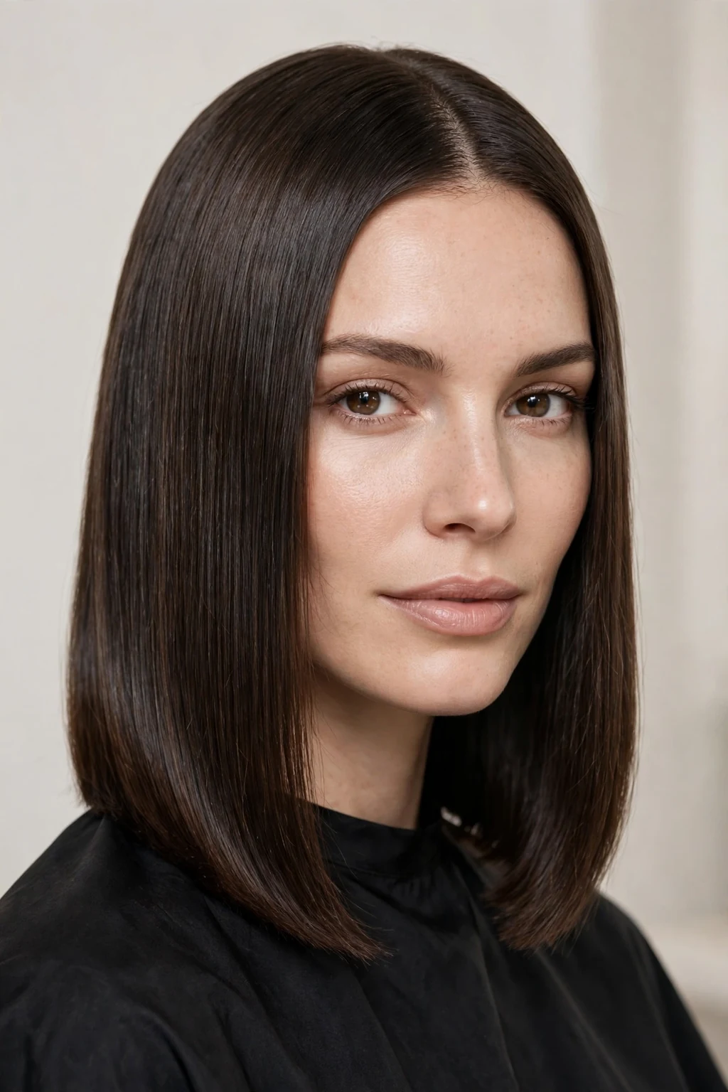 Woman with sleek straight medium cut, glass-smooth finish, glossy light.